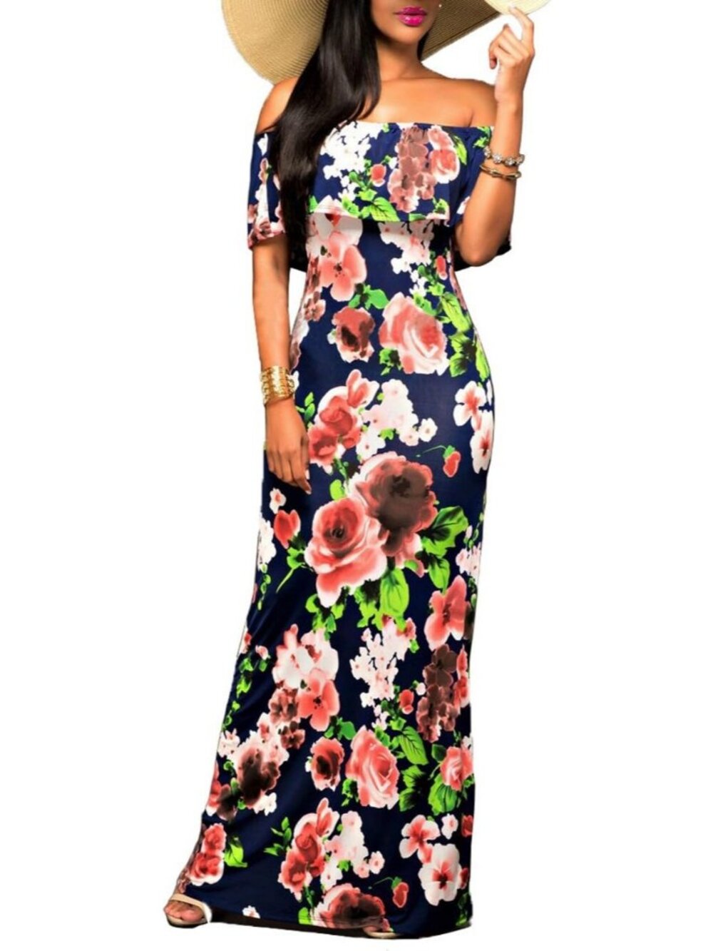 Women's Navy Ruffle Plain Floral Printed Off Shoulder Bodycon Long Stylish Maxi